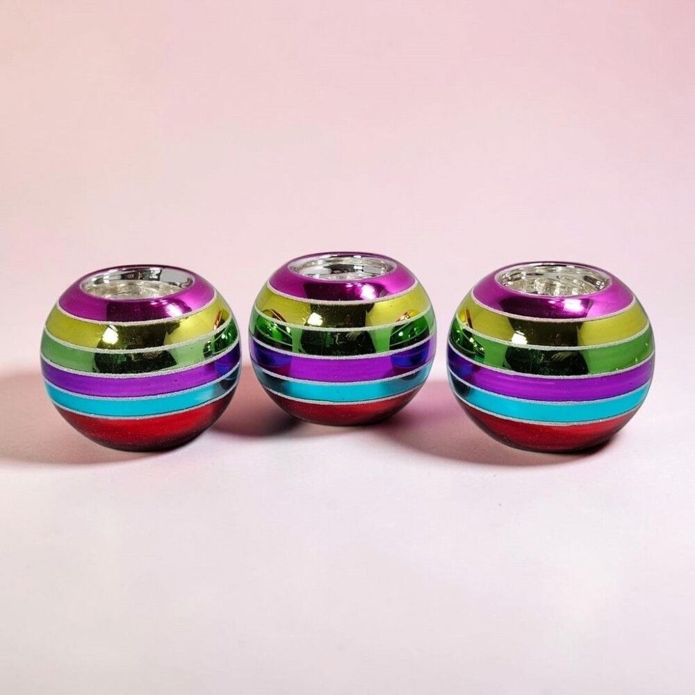 Set of 3 JCPenney Holiday Fun Mercury Glass Votive Holders Rainbow Metallic NOS